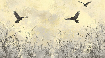 Fototapeta premium Birds flying over a field at dawn; nature background for design