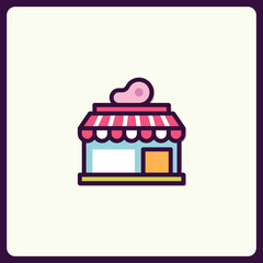 Obraz premium Charming Butcher Shop Icon with Striped Awning and Stylized Meat Topping