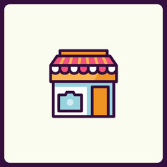 Adorable storefront icon with retro awning and camera logo detail