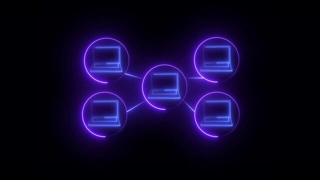 Neon glowing pink computer network icon animation in black background
