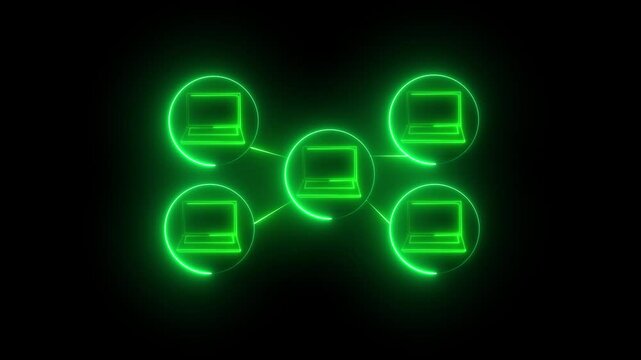 Neon glowing pink computer network icon animation in black background
