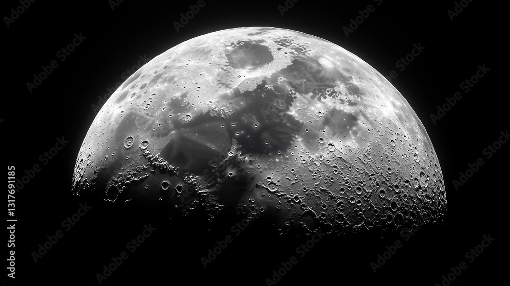 Poster half moon, grayscale image showing craters and surface texture, representing celestial body, astrono