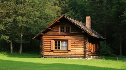 Secluded Wooden Cabin in a Lush Green Forest