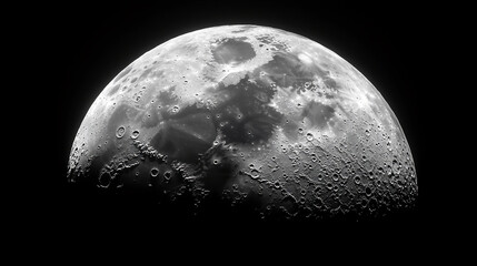 Half moon, grayscale image showing craters and surface texture, representing celestial body, astronomy, space exploration, lunar surface detail