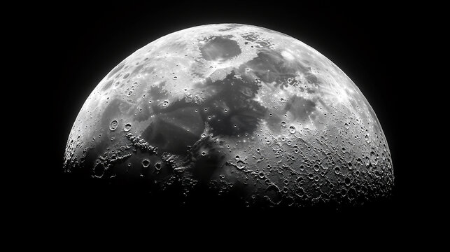 Half moon, grayscale image showing craters and surface texture, representing celestial body, astronomy, space exploration, lunar surface detail - Powered by Adobe