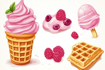 Delicious raspberry ice cream, yogurt, waffle and popsicle displayed on white background
