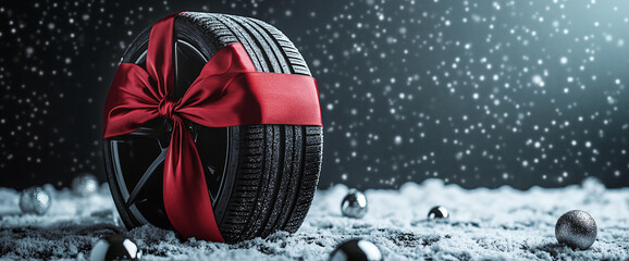 Winter tire with red ribbon bow, nestled in snow, against a dark, snowy background.  Represents a gift, winter safety, or holiday promotion