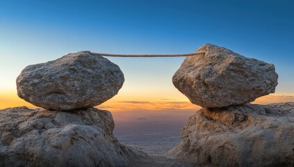 Massive rocks balanced atop a mountain peak, connected by a thin line, as the sun rises over a city landscape below