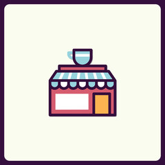 Stylized Coffee Shop Icon with Cup Top, Striped Awning Design and Cozy Feel