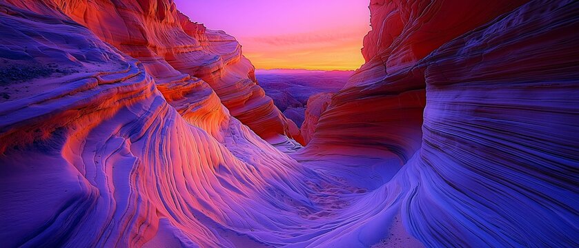 A narrow glowing red slot canyon at dusk, its walls contrasting a soft twilight sky.