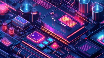 Obraz premium futuristic view of a motherboard with neon lighting and complex circuits, evoking a sense of advanced technology