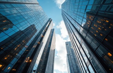 From below shot of office building entrance next to contemporary high-rise structures. Modern skyscrapers with glass mirrored walls, lights against blue sky. Urban cityscape with financial district