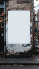 Blank billboard on urban brick wall, textured background, cool tones, empty space for advertisement, city street scene, urban setting, weathered wall, outdoor shot, poster, signage, architecture