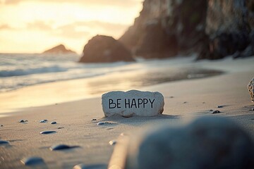 A photograph of the text "BE HAPPY" written in large letters on a beach, with a soft beige background, creating a minimalistic, calming, and peaceful mood.
