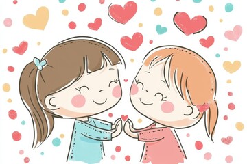 Two smiling girls showing love and affection with colorful hearts background