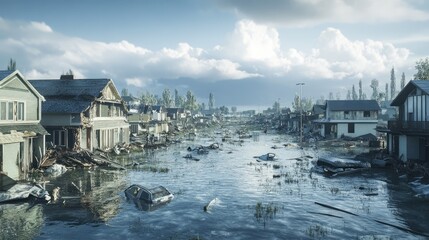 Flooded residential area with submerged cars and damaged homes, showcasing nature's impact on urban life