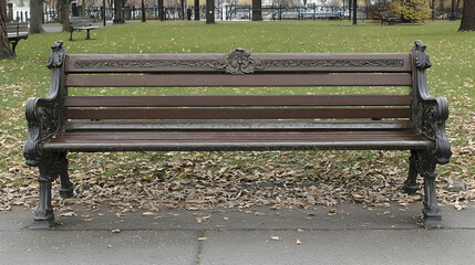 Ornate park bench, autumn leaves, city park background, peaceful scene, ideal for relaxation themes