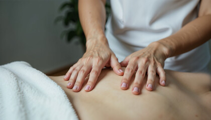 Fototapeta premium Therapist using therapeutic methods on a patient’s back, close-up demonstrating rehabilitation techniques