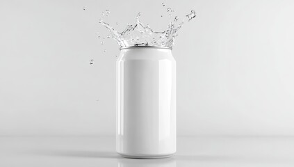 Blank white aluminum can with water splash against white background