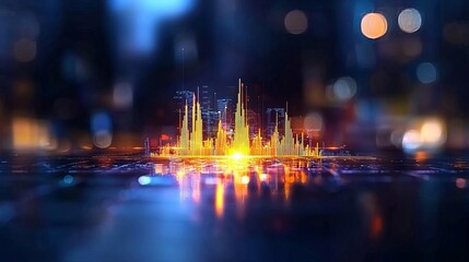 Fototapeta premium Abstract digital city skyline with vibrant soundwave patterns in orange and yellow tones.