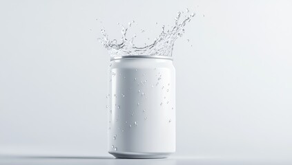 Blank white aluminum can with water splash, studio shot, minimalist, light background, realistic