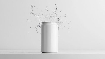 Blank white aluminum can with a splash of water against a plain white background, product mockup, isolated studio shot