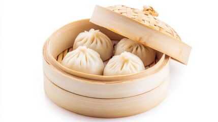 Steamed dumplings placed in a bamboo steamer on a plain surface showcasing traditional Asian cuisine
