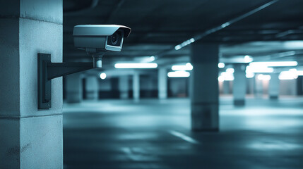 Security camera mounted on wall in dimly lit parking garage, showcasing surveillance and safety concept