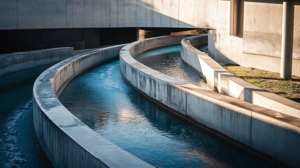 Curved Concrete Channels with Flowing Water Under Sunlight Architecture