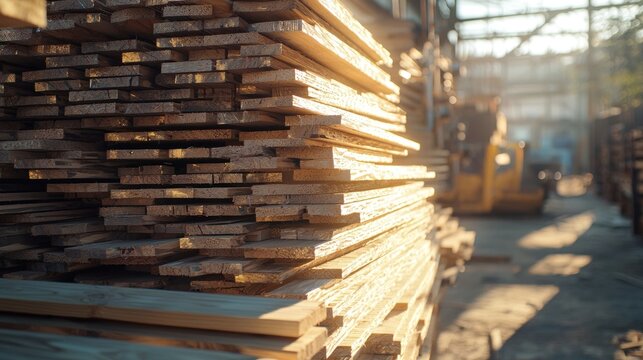 Stacked lumber at a mill, with sunlight. Bokeh effect on blurred forklift