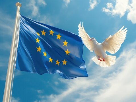 European Union Flag with White Dove of Peace Against Blue Sky