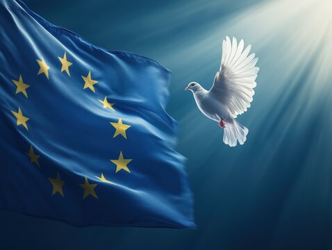 European Union Flag with White Dove of Peace Against Blue Sky