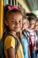 Summer holidays are over.Schoolchildren kids pupils group of mixed race classmates boarding school bus before going to lessons, coming back to school, standing in line. New educational year semester.