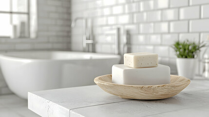 Two soap bars on wooden dish in modern bathroom.  Relaxing spa background. Ideal for hygiene, wellness ads