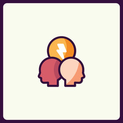 Collaboration and Idea Generation: People brainstorming with lightning bolt idea