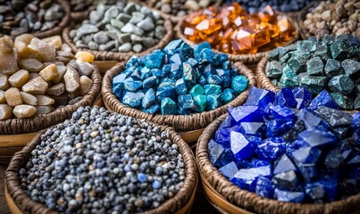 Colorful gemstone display, market stall, vibrant hues, background blurred, for jewelry or craft
