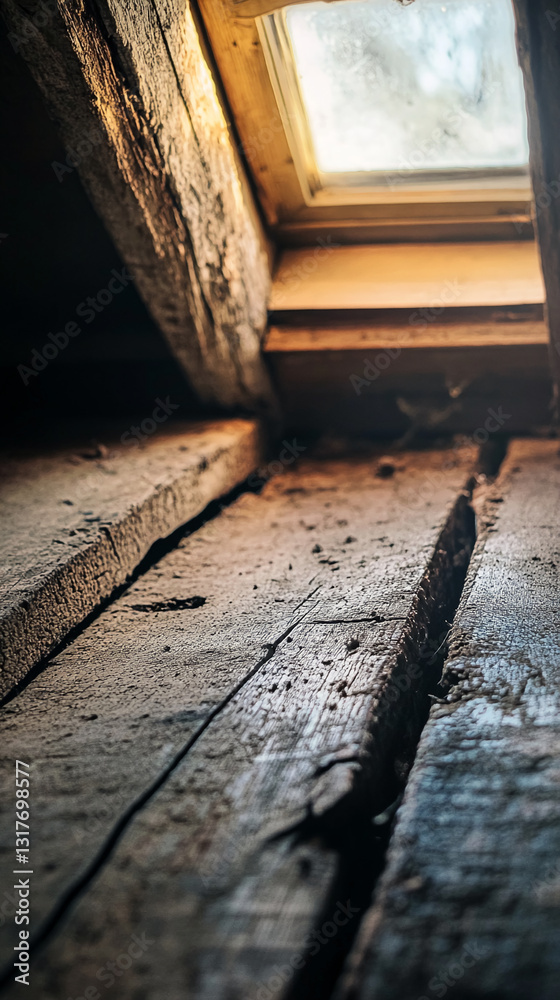 Poster Low-angle view of aged wooden beams and floorboards in an attic, illuminated by a skylight above, showcasing texture and rustic charm, representative of history and time
