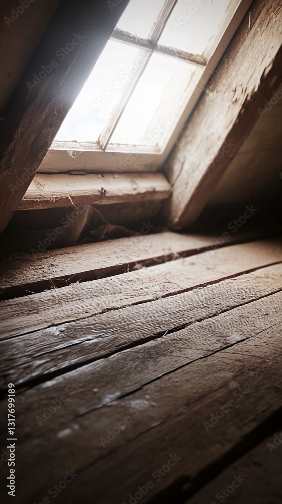 Poster rustic wooden floorboards beneath an attic window, illuminated by natural light, showcasing texture 