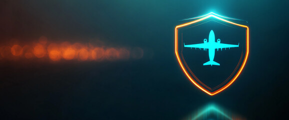 Neon airplane icon inside glowing shield, dark background, suggesting travel safety or insurance concept Free space for text