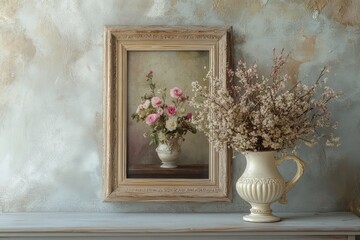 Painting of pink roses and white flowers in a vase next to a real vase of delicate white flowers