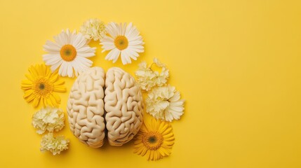A vibrant brain encircled by a stunning array of colorful flowers rests against a cheerful yellow backdrop on a sunny afternoon