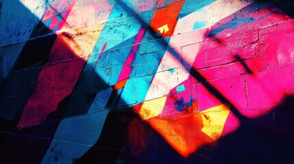 Naklejka premium Colorful graffiti wall, urban art, sunlight shadows, textured brick