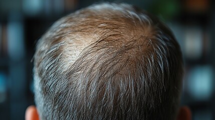 Close-up view of thinning hair on the crown of a head, showcasing hair loss and potential treatment needs or a concern about aging.