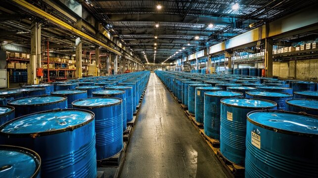 Warehouse scene; rows of blue metal barrels stretching into the distance, industrial setting
