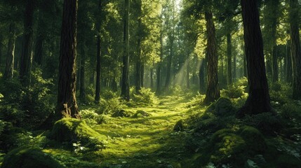 Sunlit Forest Path, A Mystical Walk Through Nature's Embrace