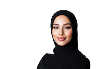 Smiling young Middle Eastern woman with curly hair, showing a positive and confident expression, isolated on white background.