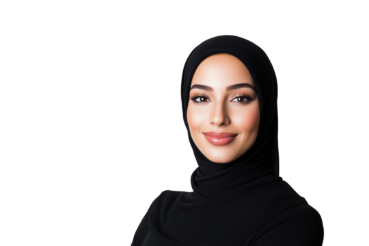 Smiling young Middle Eastern woman with curly hair, showing a positive and confident expression, isolated on white background.