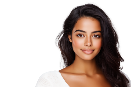 Portrait of a smiling young South Asian woman with dark hair and radiant skin, wearing a black top, isolated on a white background