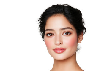 Obraz premium Close-up portrait of a young woman with natural makeup, soft smile, and glowing skin, with soft, loose hair, isolated on a white background