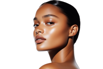Close-up portrait of a young woman with glowing skin and a sleek hairstyle, facing sideways with a confident expression, isolated on a white background